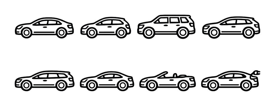 Variety of car models displayed as line art on gray background