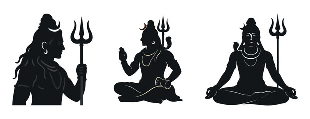 Lord Shiva Silhouette Vector Set: Maha Shivaratri festival Hindu God Meditation and Trident Icons