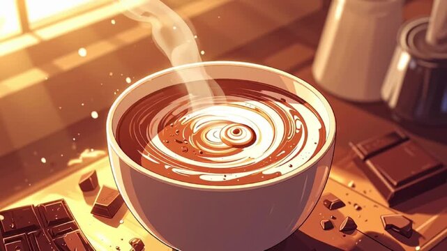 Steaming hot chocolate in a bowl on a table indoors