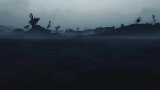 Dark water with small waves creating an atmospheric and moody scene, featuring a heavy fog obscuring a distant, undefined land or coastline under a low, overcast sky