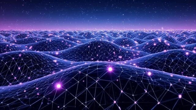 A wavy grid of light with glowing nodes under a starry night sky