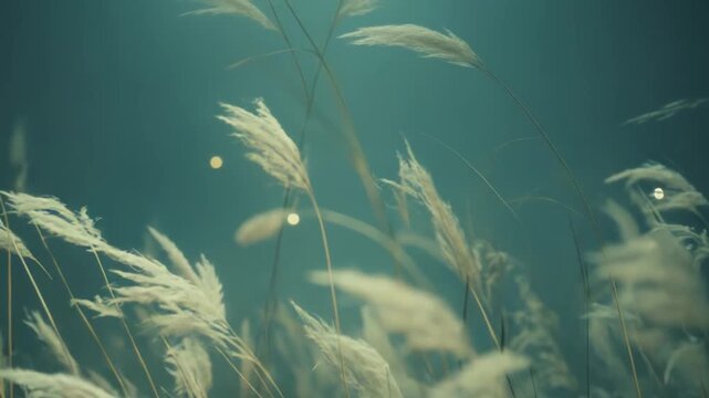 Delicate pampas grass plumes swaying gently against a muted teal background, creating a serene and ethereal atmosphere with soft bokeh lights adding a dreamlike quality and natural beauty