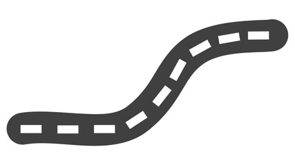 Fototapeta premium Stylized black and white vector illustration of a winding road with dashed white lines on a white background.