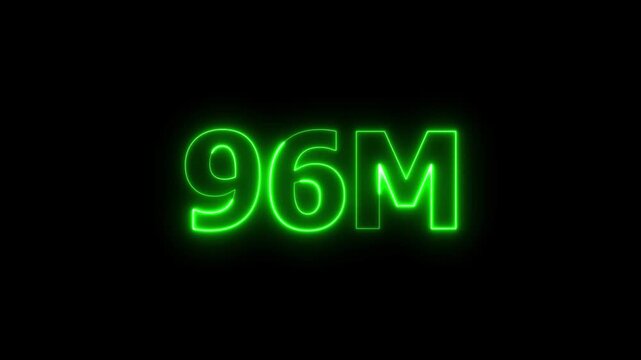 Glowing neon 96M text animation. Social media views, followers and subscribers celebration concept video on black background.