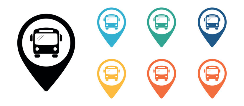 Bus Concept Vector Icon Set featuring public transport symbols, city bus silhouettes, and location markers on a simplified map.