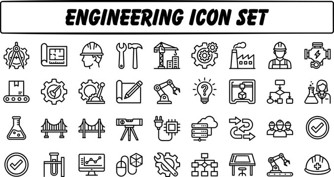 Engineering and Industrial Automation Outline Vector Icon Set &mdash; Technology Systems and Smart Factory Editable Stroke Icons for Web and App UI