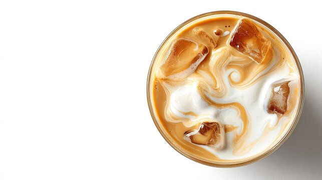 Top view close up of refreshing iced coffee latte featuring creamy milk swirls and cold ice cubes