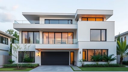 Fototapeta premium Modern residential architecture with clean lines, bathed in neutral tones under daylight.