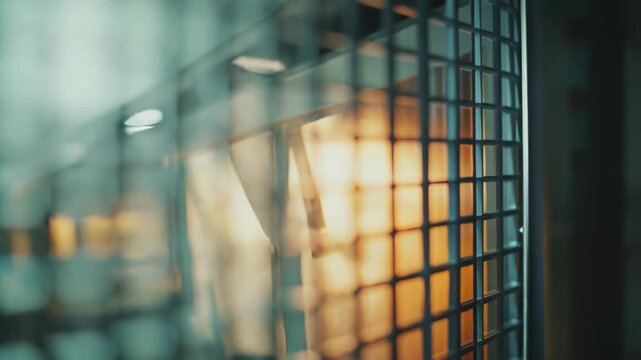 Abstract grid of square panels with light filtering through, forming a smooth gradient from warm orange to cool blue, modern geometric texture suggesting digital network and structure