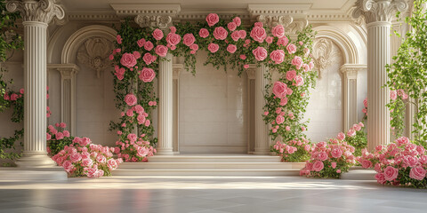 Luxury Palace Interior decorated with pink roses.  Wedding Interior with flowers	