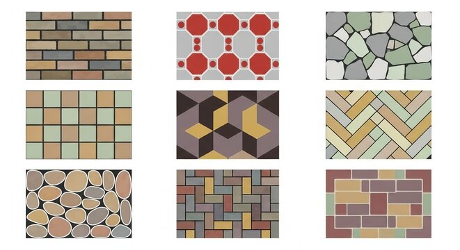 Diverse collection of brickwork, stone, and geometric paving designs for architectural use isolated on white background