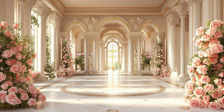 Luxury Palace hall Interior with big windows, columns and walls decorated with pink roses and flowers compositions. Wedding background. Classic castle interior