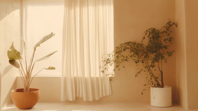 Clean interior space featuring an elegant terra cotta plant pot with large leaves and a minimalist white pot with a leafy tree, both bathed in soft sunlight filtering through sheer curtains
