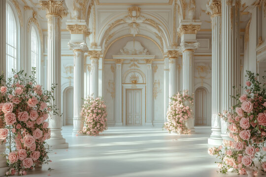 Luxury Palace Interior, hall with marble columns decorated pink rose flowers compositions. Wedding background. Classic castle interior