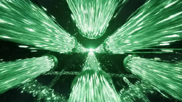 Sweeping drone-like shot conceptually visualizing massive, luminous green data cables stretching across a dark void, symbolizing global connectivity and networking future, sci-fi backdrop, networking
