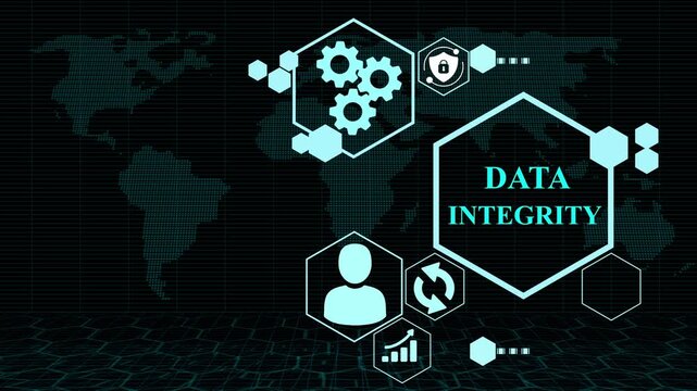 Data integrity Strategic alignment concept with business icons and global network on dark background