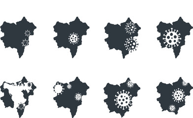 Obraz premium Virus Spread Map Silhouette Vector Set Showing Infection Hotspots and Microbe Icons for Epidemiology, Healthcare Data Visualization, and Disease Awareness Designs