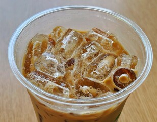 close-up of an iced coffee. cold beverage with a significant amount of ice cubes.