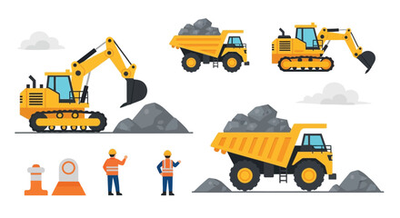 Construction vehicles workers and piles of rock on a white background