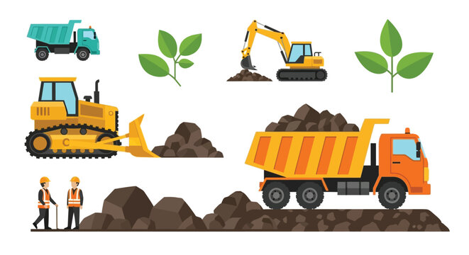 Construction equipment and natural elements arranged in a flat vector illustration