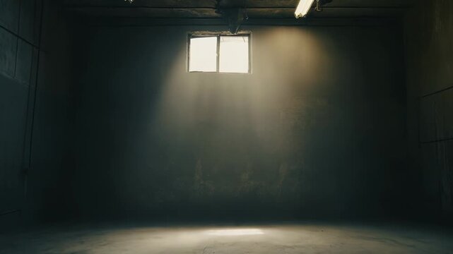 Sunlight beams through a high industrial window, cutting dusty air and lighting a concrete floor in an empty warehouse dramatic rays suggest solitude, escape, and new beginnings