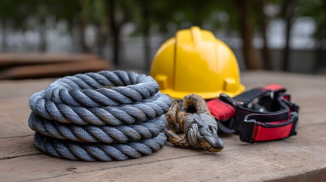 Essential safety equipment including a coiled rope hard hat and rigging gear laid out on a wooden surface