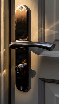 Close-up of a metallic door handle on a door