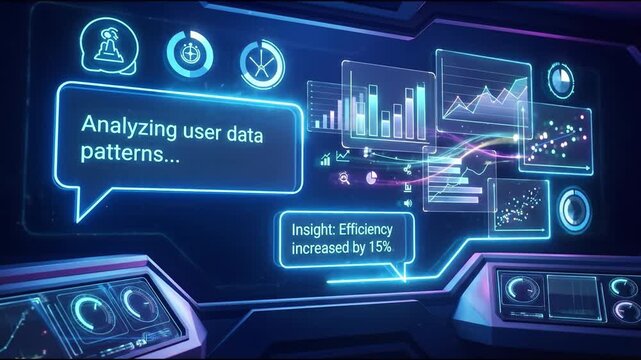 Analyzing user data pattern dashboard combining futuristic neon holographic charts and graphs glowing dashboard with analytics insight into efficiency increased by 15%. scatter plots, charts