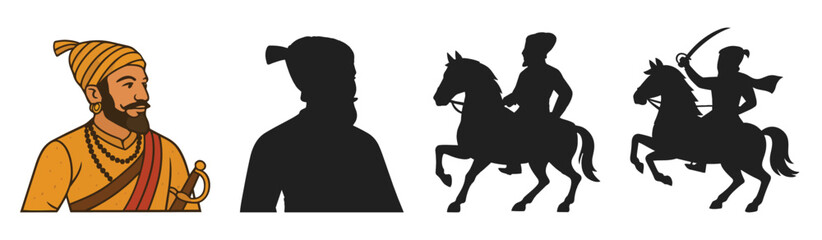 Historical Indian Chhatrapati Shivaji Maharaj Jayanti King Warrior Illustration and Silhouette Vector Set