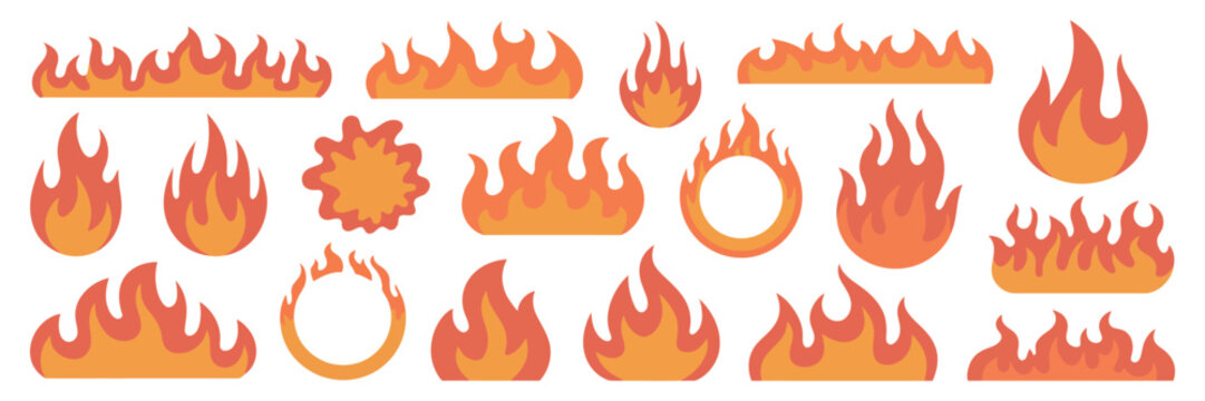Cartoon Red Fire and Flame Vector Set featuring a variety of burning elements, hot fireballs, and campfire graphics for dynamic design.