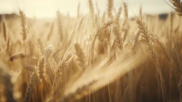 Golden wheat field showcasing agricultural growth and natural abundance, ripening under the warm light of a summer sunset, suggesting a bountiful harvest and healthy food