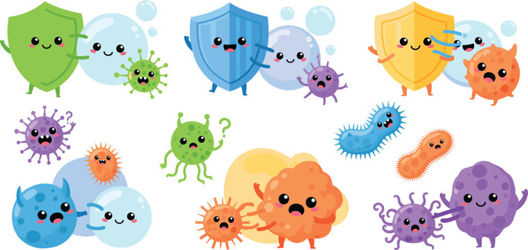 Cute Immune System Protection Cartoon Vector Set with Friendly Shields, Antibodies, and Germ Characters for Healthcare Education, Kids Science, and Medical Awareness Designs
