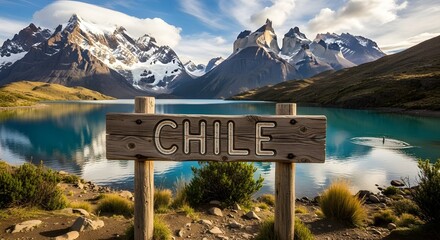 Wooden sign marking the entrance to breathtaking Chilean Patagonia featuring snow-capped mountains and a brilliant blue lake
