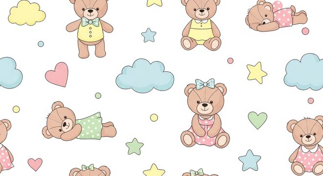 Cute cartoon teddy bears and gentle celestial shapes form a delightful repeating pattern on a white background.