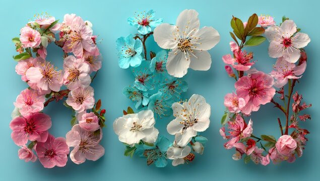 Floral arrangement forming the numbers 818 with pink and white blossoms on a light blue background, showcasing springtime beauty and vibrant colors