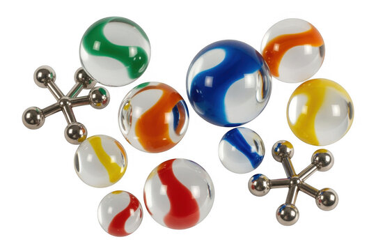 Colorful marbles and jacks game toys isolated on a transparent background