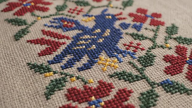 Close-up of a vibrant cross-stitch embroidery with floral and bird motifs.
