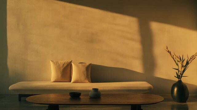 Contemporary living room interior showcasing a daybed with cushions and a wooden coffee table, illuminated by golden hour sunlight creating graphic abstract shadows on a textured wall