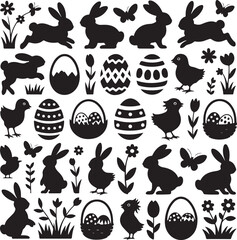 Naklejka premium Easter eggs - hares - chicks and flowers collection - vector silhouette