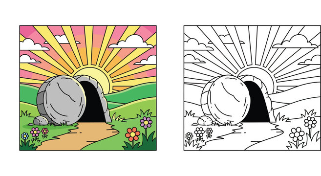 Empty Tomb of Jesus with Rolled Stone at Sunrise, Christian Resurrection Easter Scene Illustration and Coloring Page Vector for Kids Education and Bible Stories (166 characters)