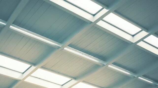 Modern architectural interior ceiling showcasing a grid of clean white beams and wooden panels, integrating multiple rectangular skylights and linear light fixtures for bright, natural illumination