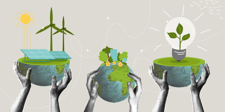  A sustainable future, green energy, and eco-innovation. A trendy halftone collage. The concept is to protect natural resources and ensure a sustainable future. Vector illustration