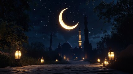 vibrant moon glowing on the mosque, mosque glowing under a crescent moon