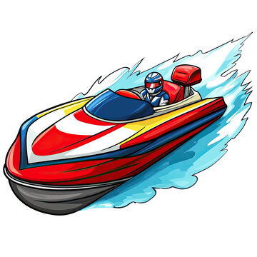 An illustration of a man driving a powerboat in a race