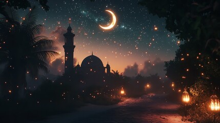 vibrant moon glowing on the mosque, mosque glowing under a crescent moon