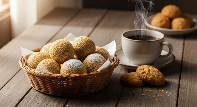 cup of coffee with cookies and nuts, cup of coffee and cookies, Fresh Traditional Indian Til Ladoo in Rustic Woven Basket. Soft Morning Light, Authentic Sesame Balls. Homemade Sweet on Wooden Table.
