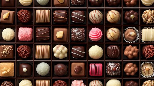 A breathtaking array of chocolate pralines captivates the eye from a top view, highlighting rich textures and vibrant colors. Each piece promises a delightful taste sensation for all chocolate lovers