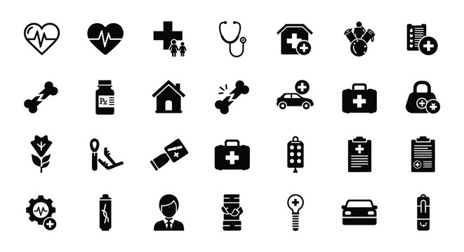 Collection of black medical icons depicting healthcare emergency and related services