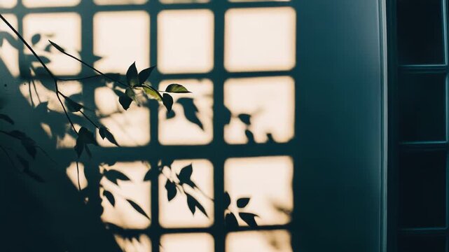 Sunlight creates abstract geometric and organic patterns from window frames and plant leaves, reflecting a peaceful morning or evening atmospheric mood on a dark wall