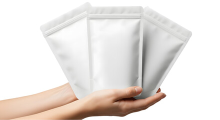 A person holding three white pouches on transparent background